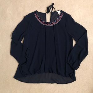 Navy silky blouse with beaded neckline